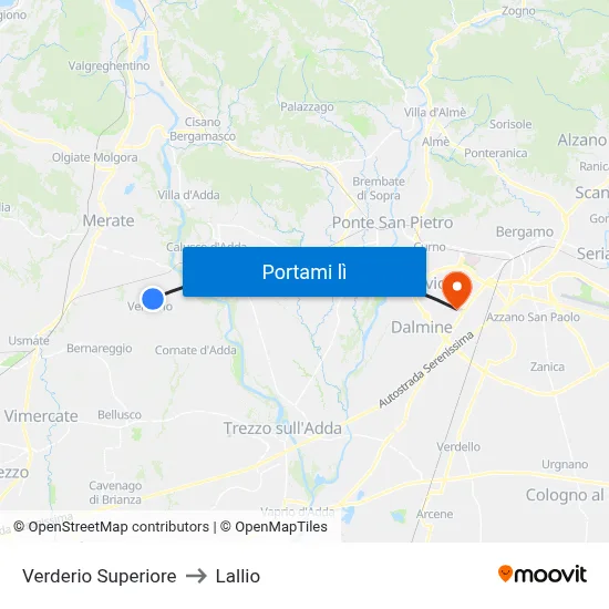 Verderio Superiore to Lallio map