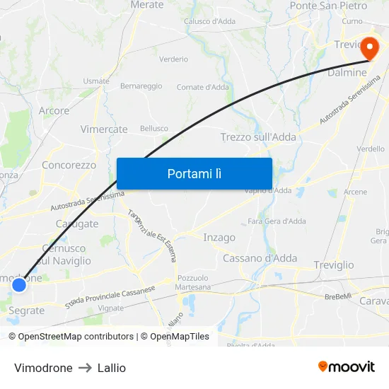 Vimodrone to Lallio map