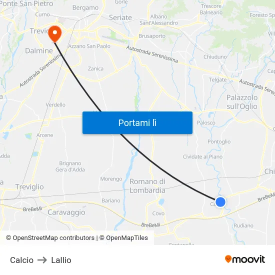 Calcio to Lallio map