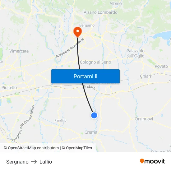 Sergnano to Lallio map