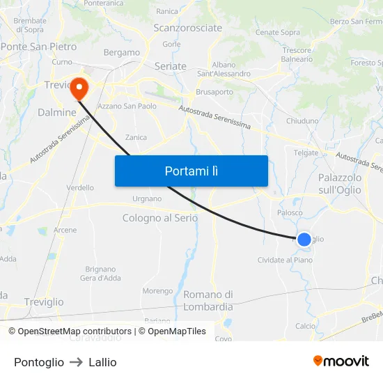 Pontoglio to Lallio map