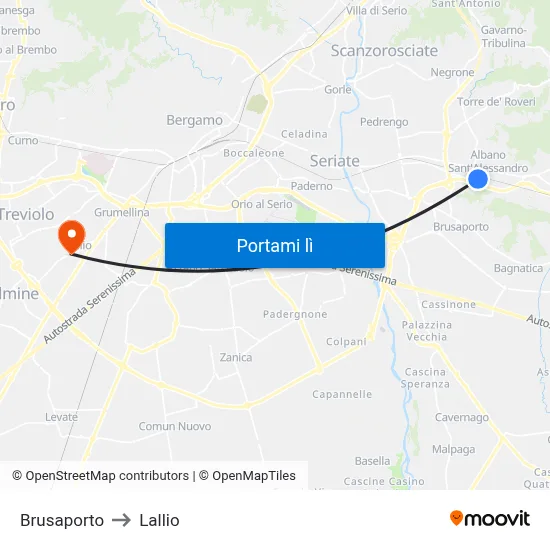 Brusaporto to Lallio map