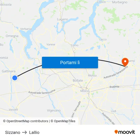 Sizzano to Lallio map