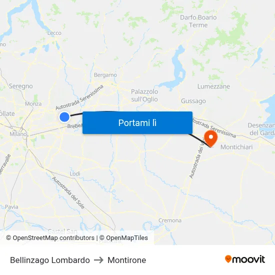 Bellinzago Lombardo to Montirone map