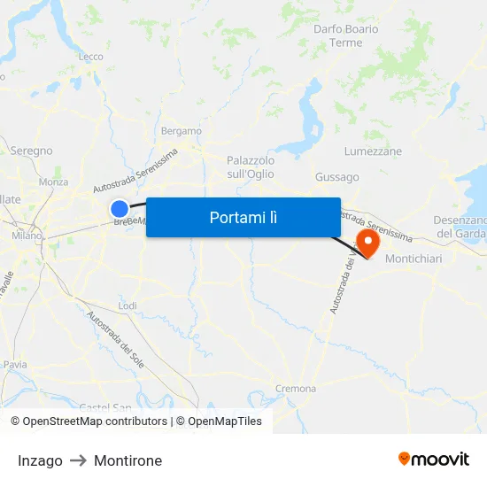 Inzago to Montirone map