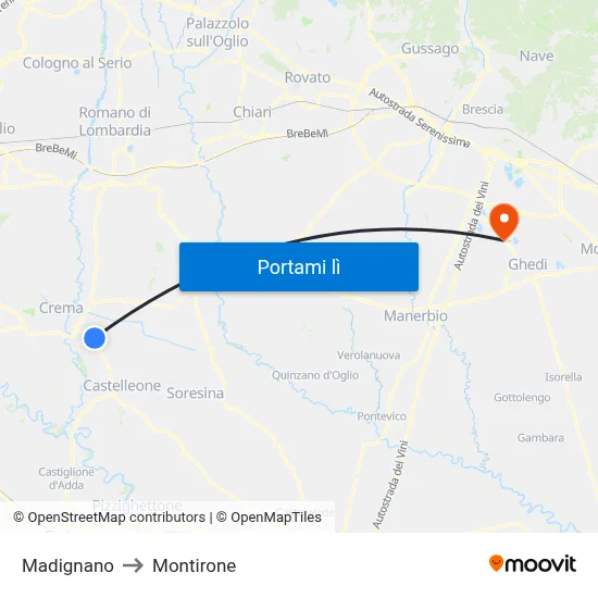 Madignano to Montirone map