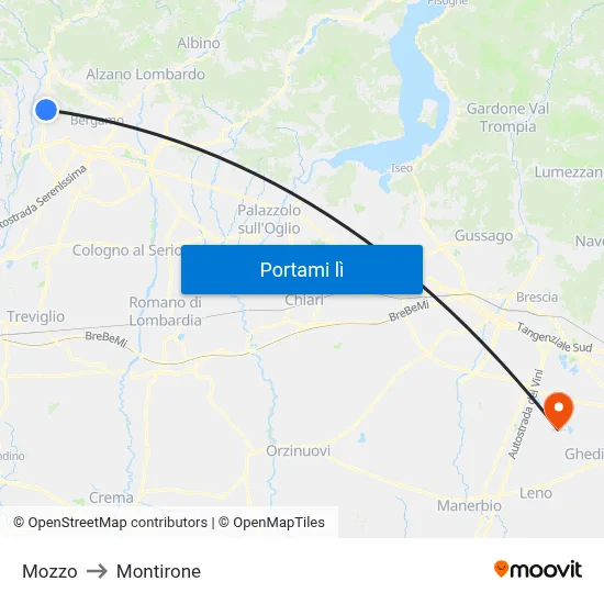Mozzo to Montirone map