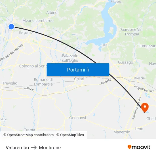 Valbrembo to Montirone map