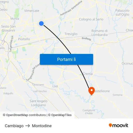Cambiago to Montodine map
