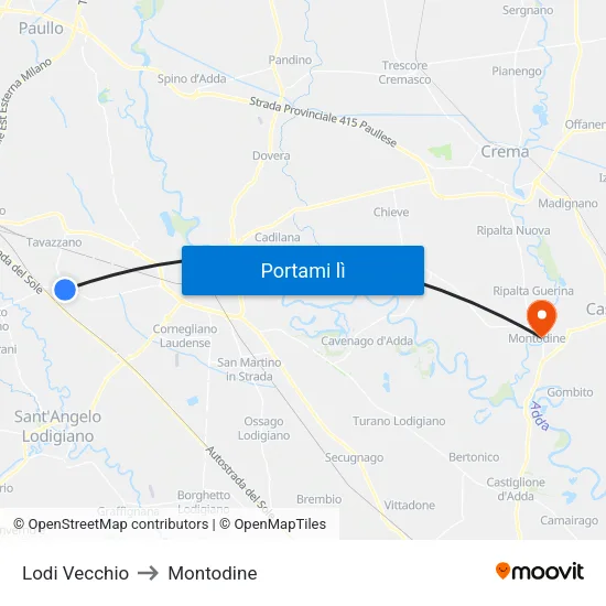 Lodi Vecchio to Montodine map