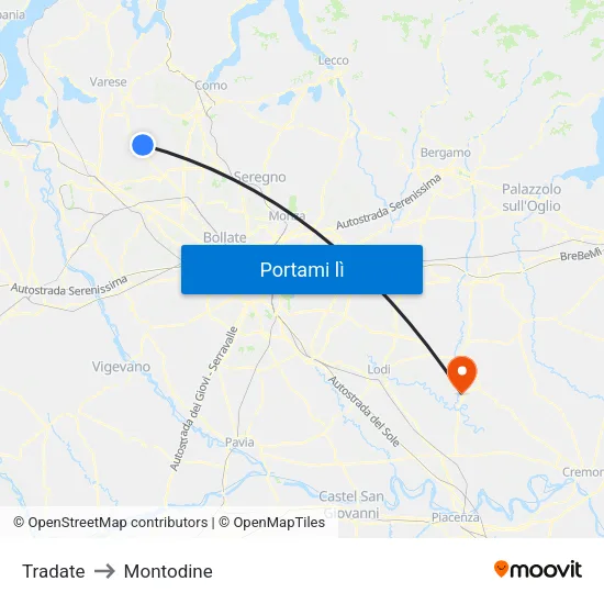 Tradate to Montodine map