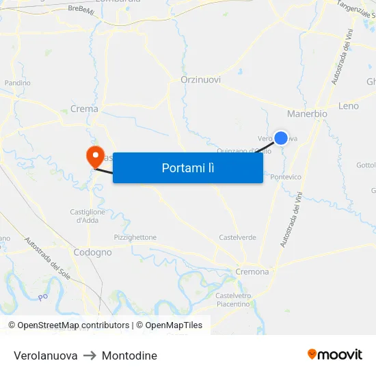 Verolanuova to Montodine map
