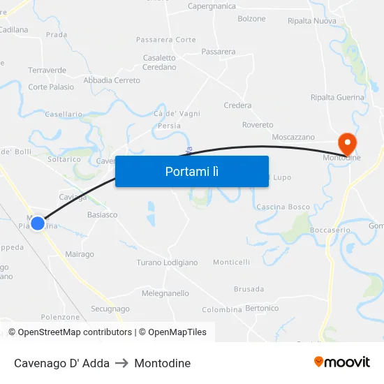 Cavenago D' Adda to Montodine map