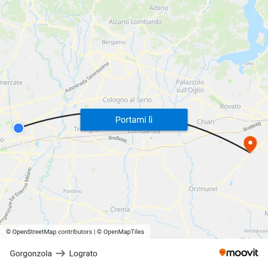 Gorgonzola to Lograto map
