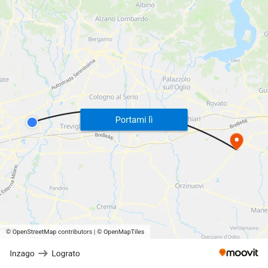Inzago to Lograto map