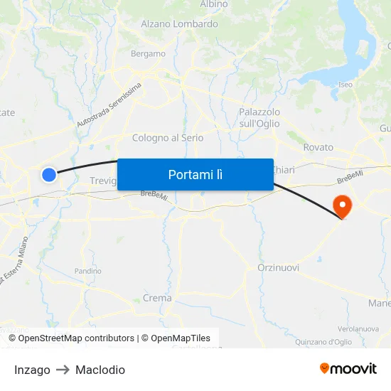 Inzago to Maclodio map