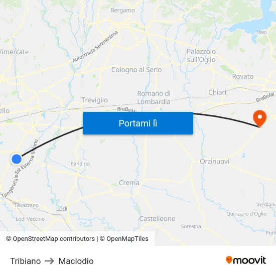 Tribiano to Maclodio map