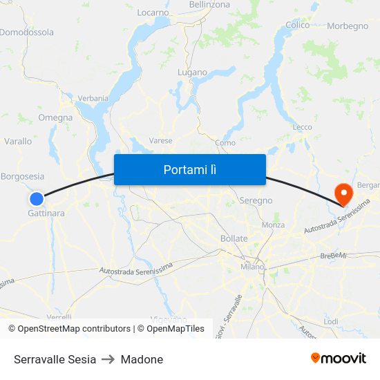 Serravalle Sesia to Madone map