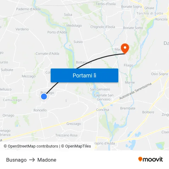 Busnago to Madone map