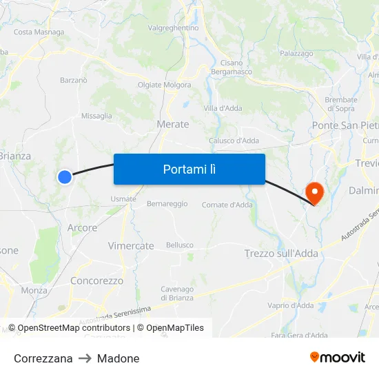 Correzzana to Madone map