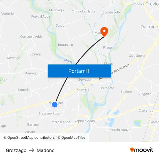 Grezzago to Madone map