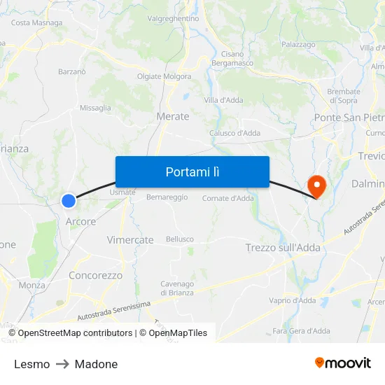 Lesmo to Madone map