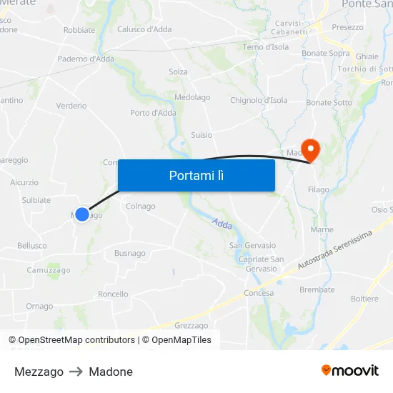 Mezzago to Madone map