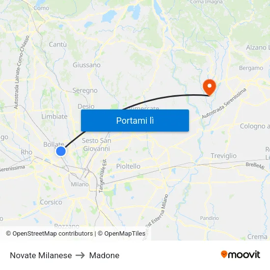 Novate Milanese to Madone map