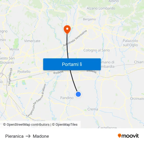 Pieranica to Madone map