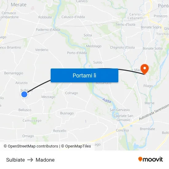 Sulbiate to Madone map