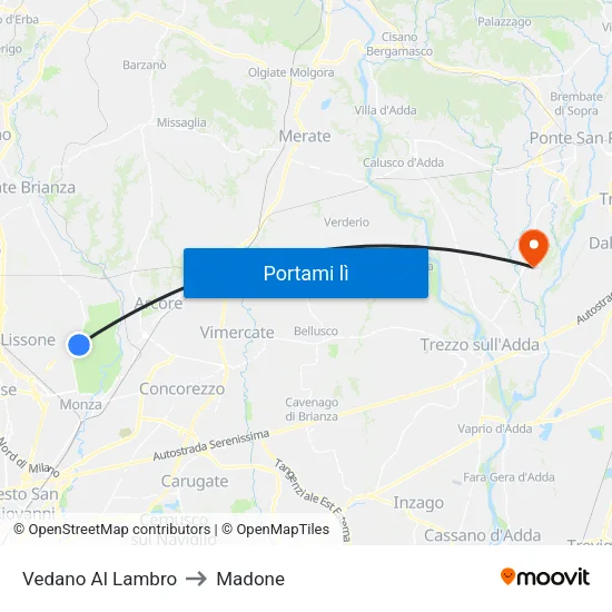 Vedano Al Lambro to Madone map