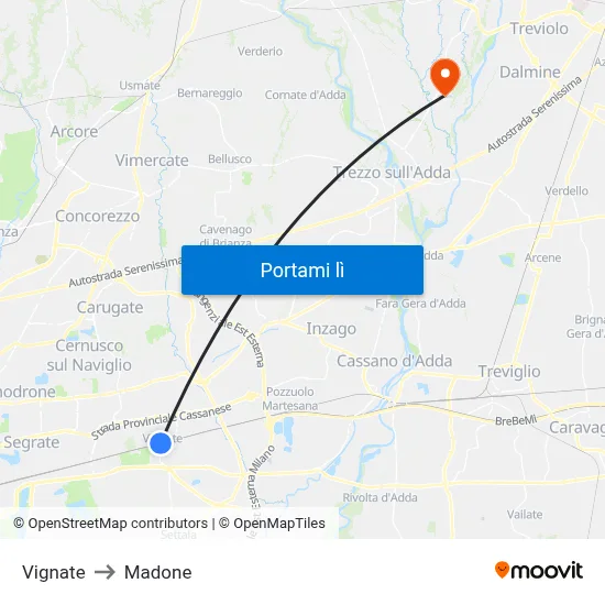 Vignate to Madone map