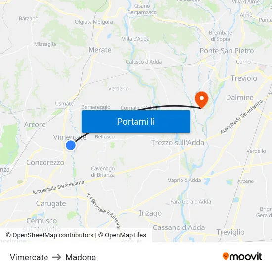 Vimercate to Madone map