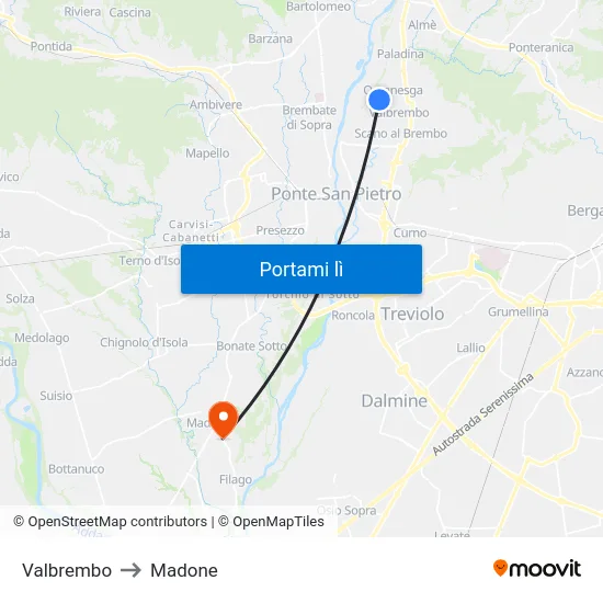 Valbrembo to Madone map