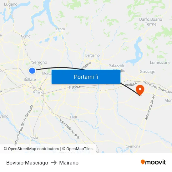 Bovisio-Masciago to Mairano map