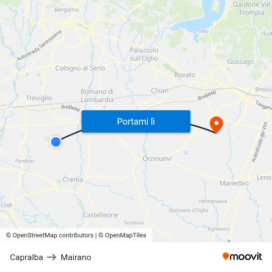 Capralba to Mairano map