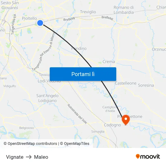 Vignate to Maleo map