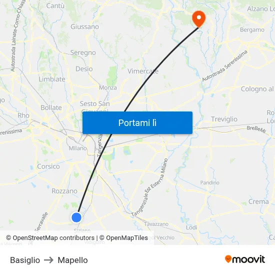 Basiglio to Mapello map