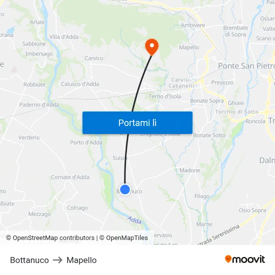 Bottanuco to Mapello map