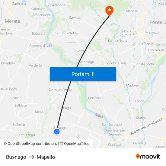 Busnago to Mapello map