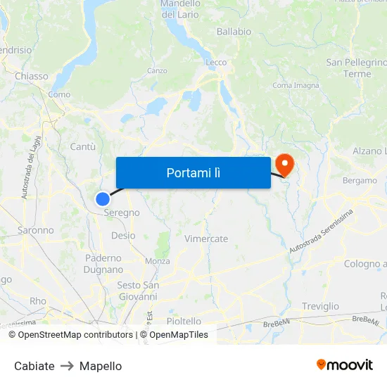 Cabiate to Mapello map
