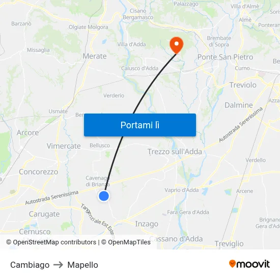 Cambiago to Mapello map