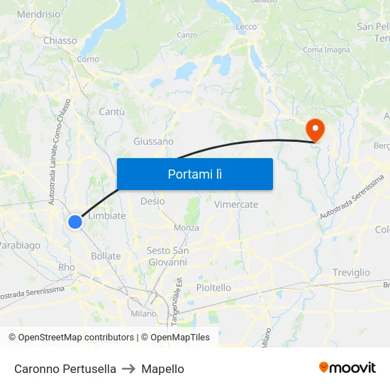Caronno Pertusella to Mapello map