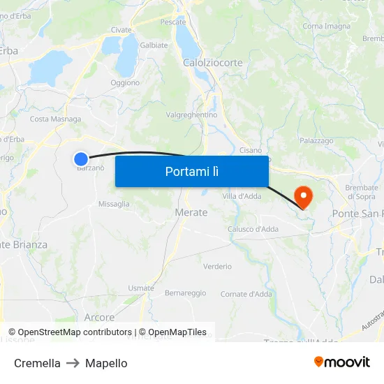Cremella to Mapello map