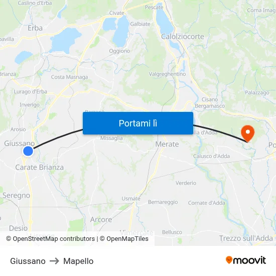 Giussano to Mapello map