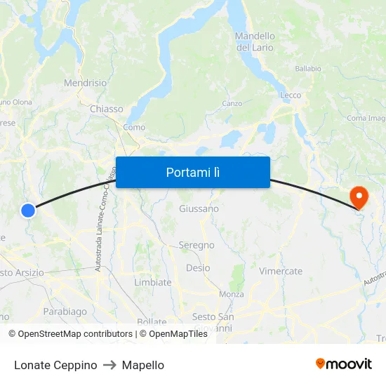 Lonate Ceppino to Mapello map