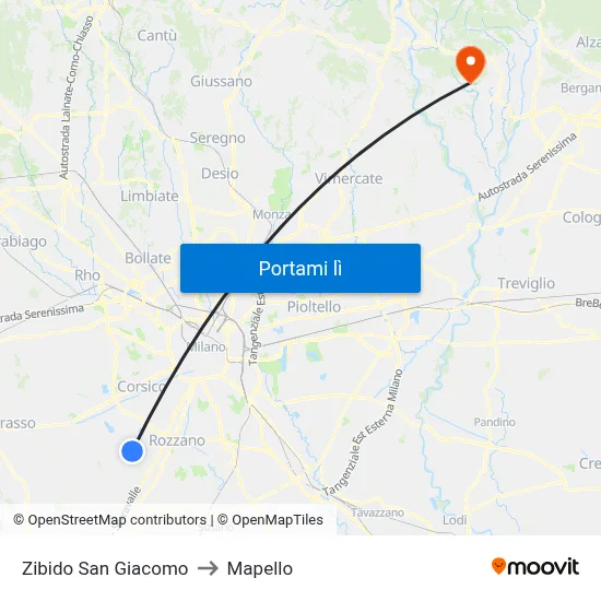 Zibido San Giacomo to Mapello map