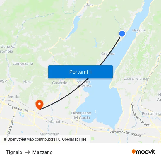 Tignale to Mazzano map