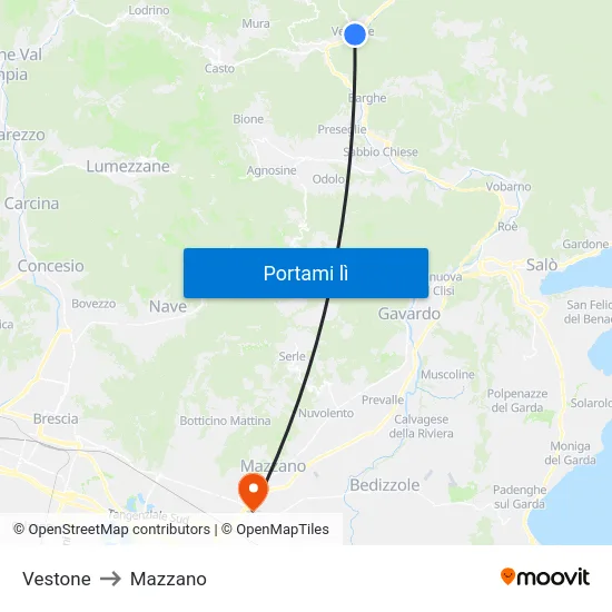 Vestone to Mazzano map