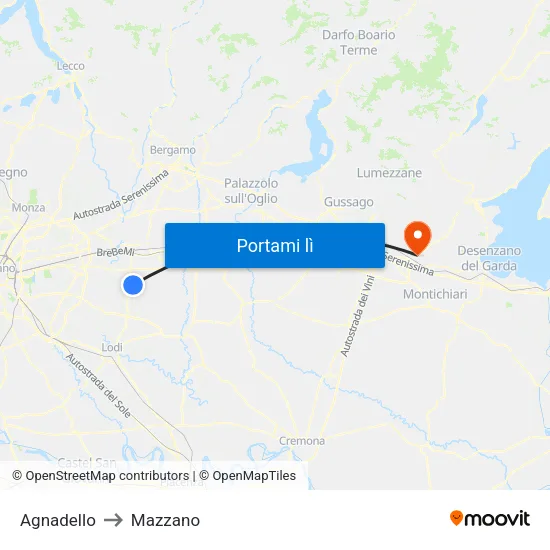 Agnadello to Mazzano map